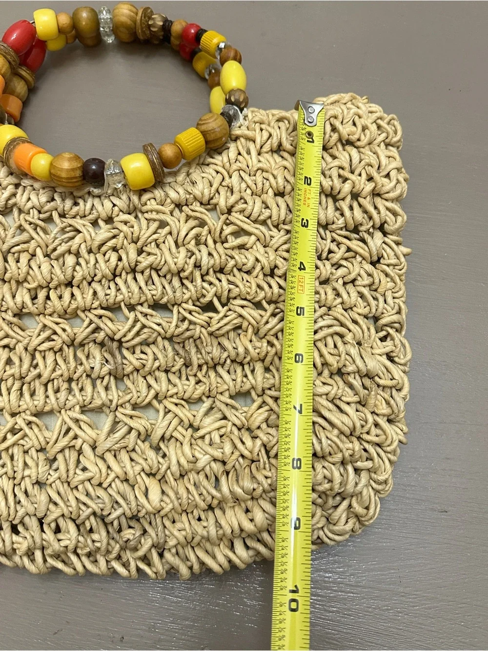 Vintage Straw Woven Tote Bag Beaded Wooden Handles Beach Summer Vacation Purse